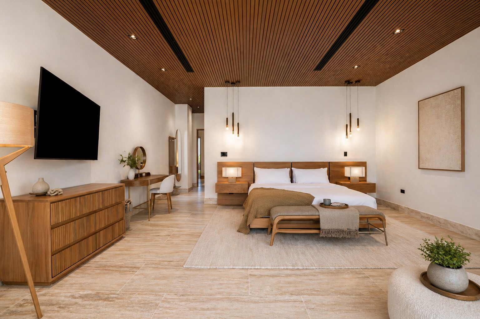 A modern bedroom with a large bed, bedside tables, a desk, and a TV.