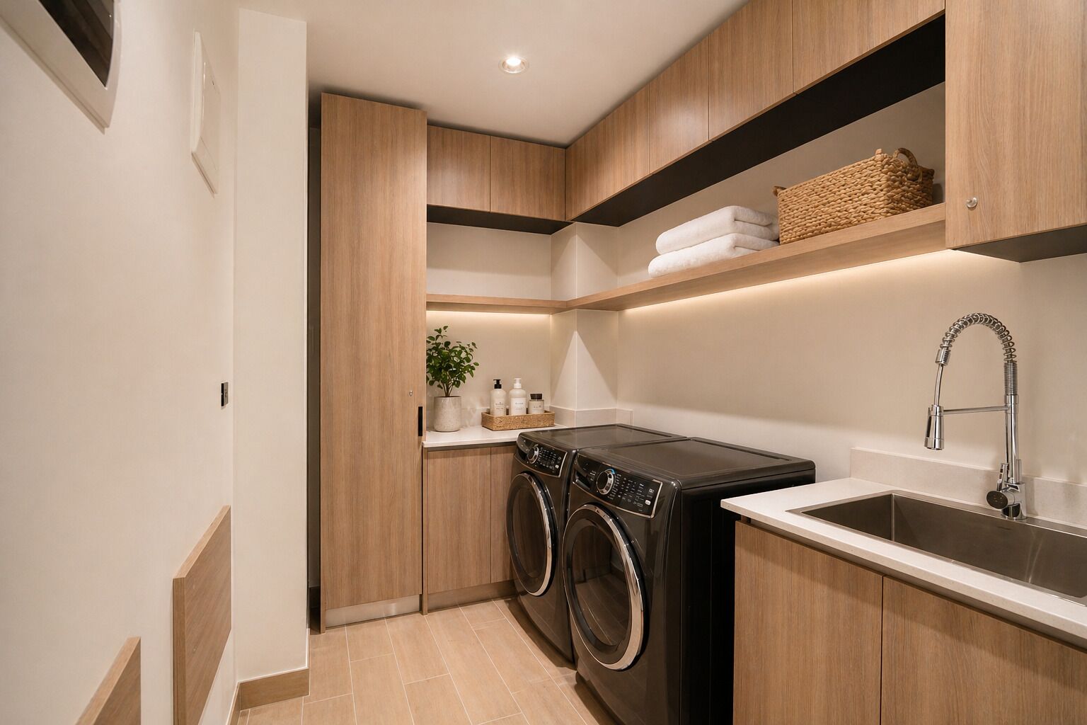 A modern laundry room with a washing machine, dryer, and sink.