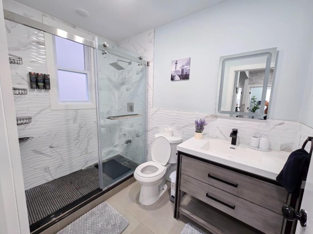Hair dryer, towels, soap, shampoo