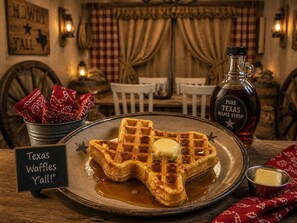 A plate of Texas waffles with syrup and butter, a bottle of maple syrup, and a sign that reads 'Texas Waffles 'Y'all!'.