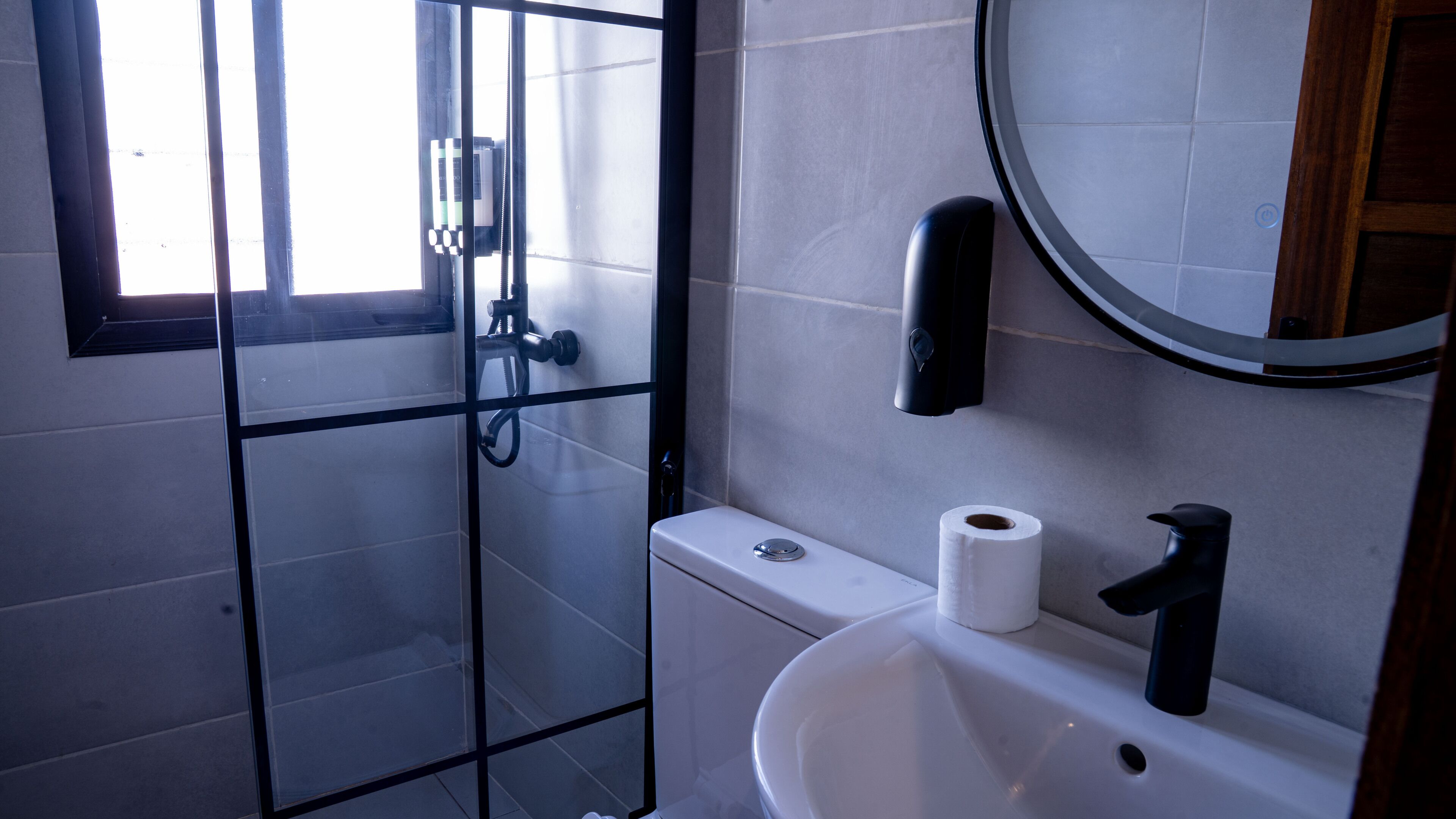 A modern bathroom with a glass shower enclosure, a toilet, a sink, and a mirror.