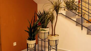 Una escalera con barandilla de madera y balaustrada de metal, que conduce a un piso superior. Hay plantas en macetas en el piso inferior.