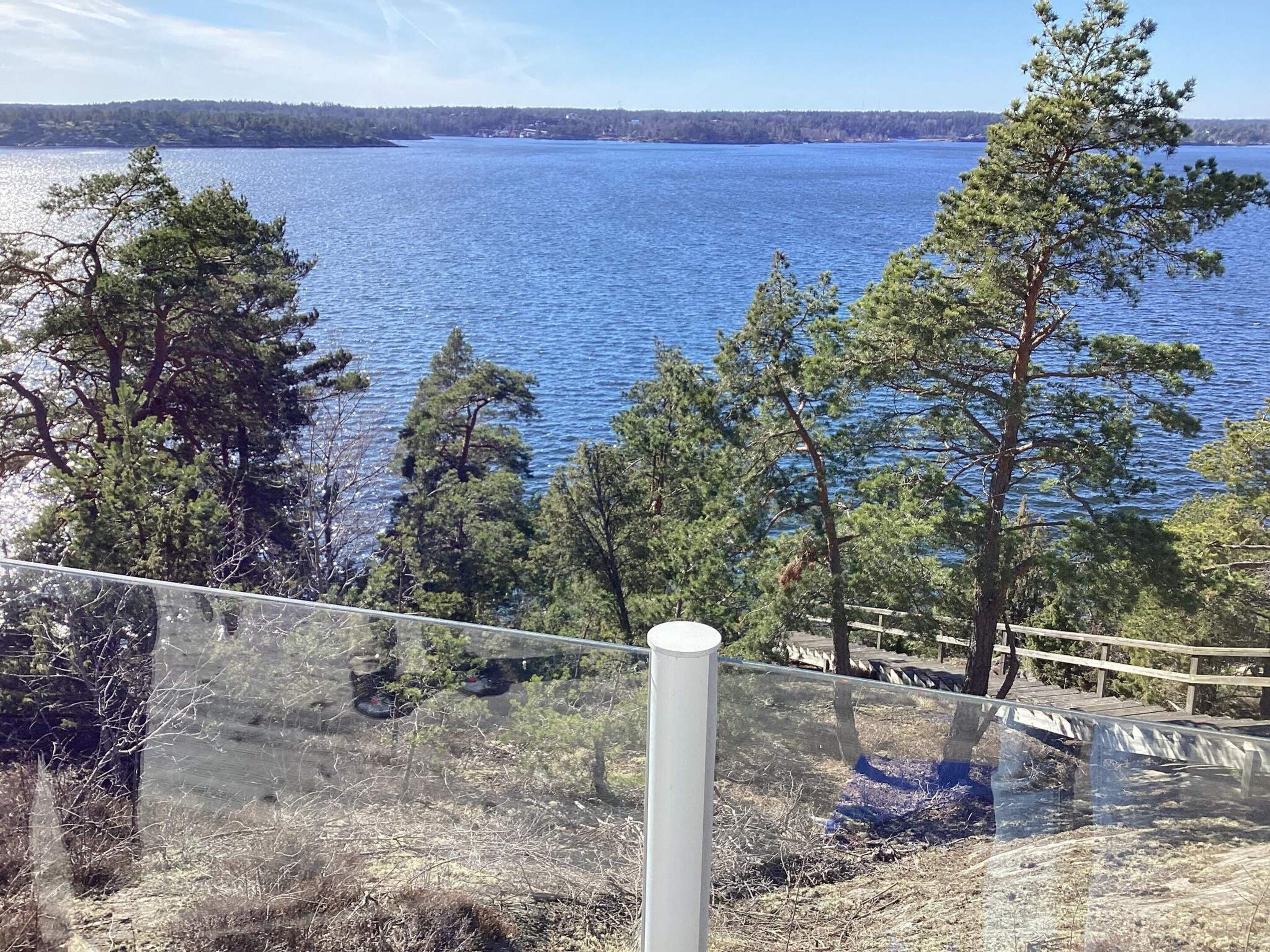 Ein klarer Blick auf einen See mit Bäumen im Vordergrund und einer fernen Uferlinie.