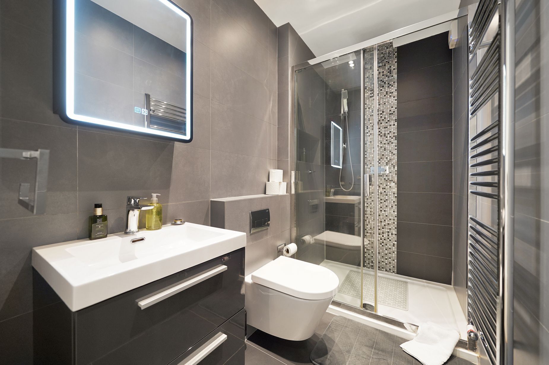 Shower, hair dryer, towels