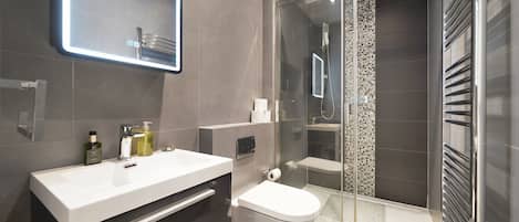 Douche, séchoir à cheveux, serviettes fournies