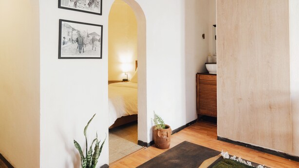 Una habitación con una cama, un armario de madera, una planta en maceta y dos cuadros en la pared.
