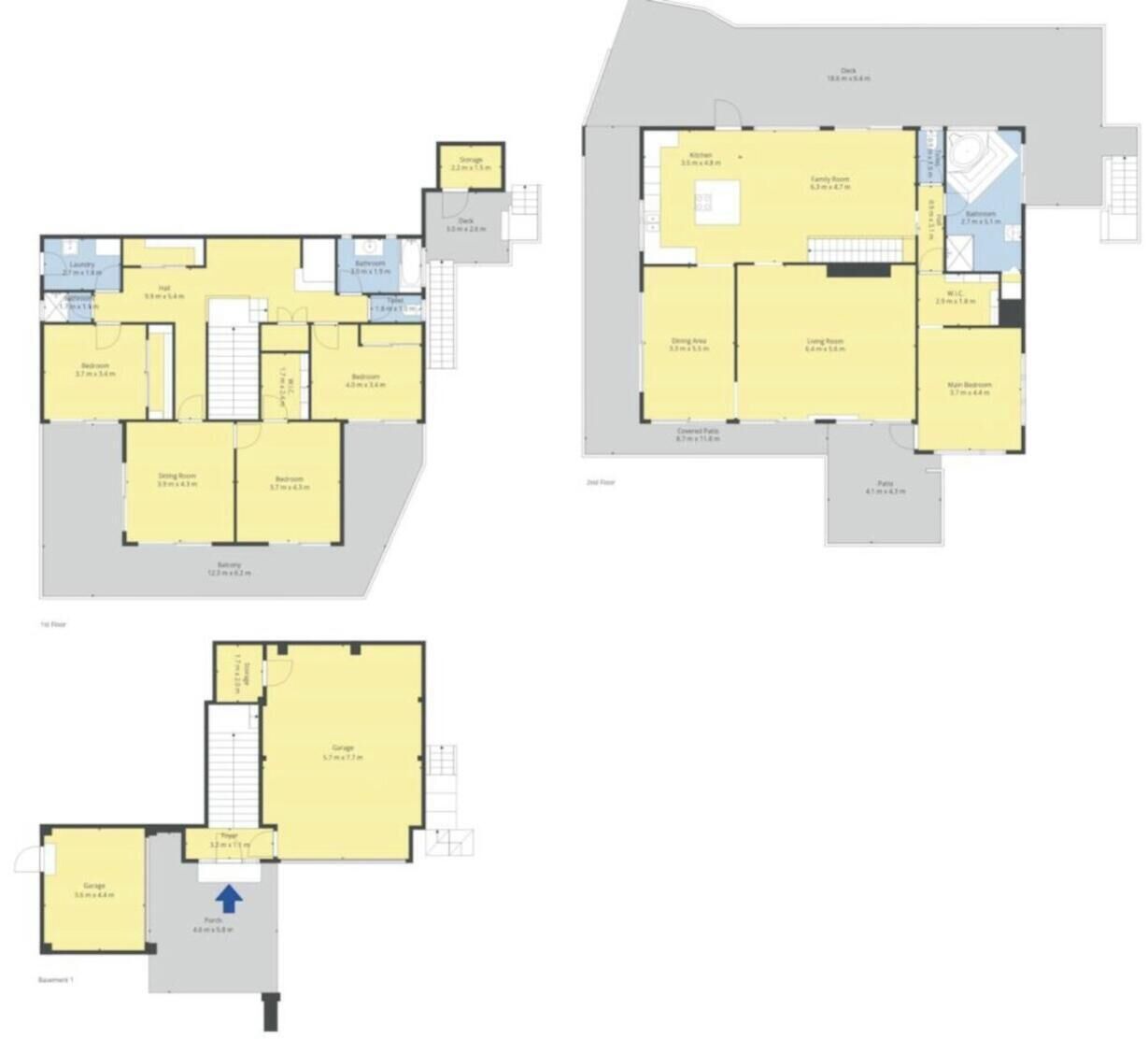 A hotel layout with multiple floors, including bedrooms, a gym, and a parking area.