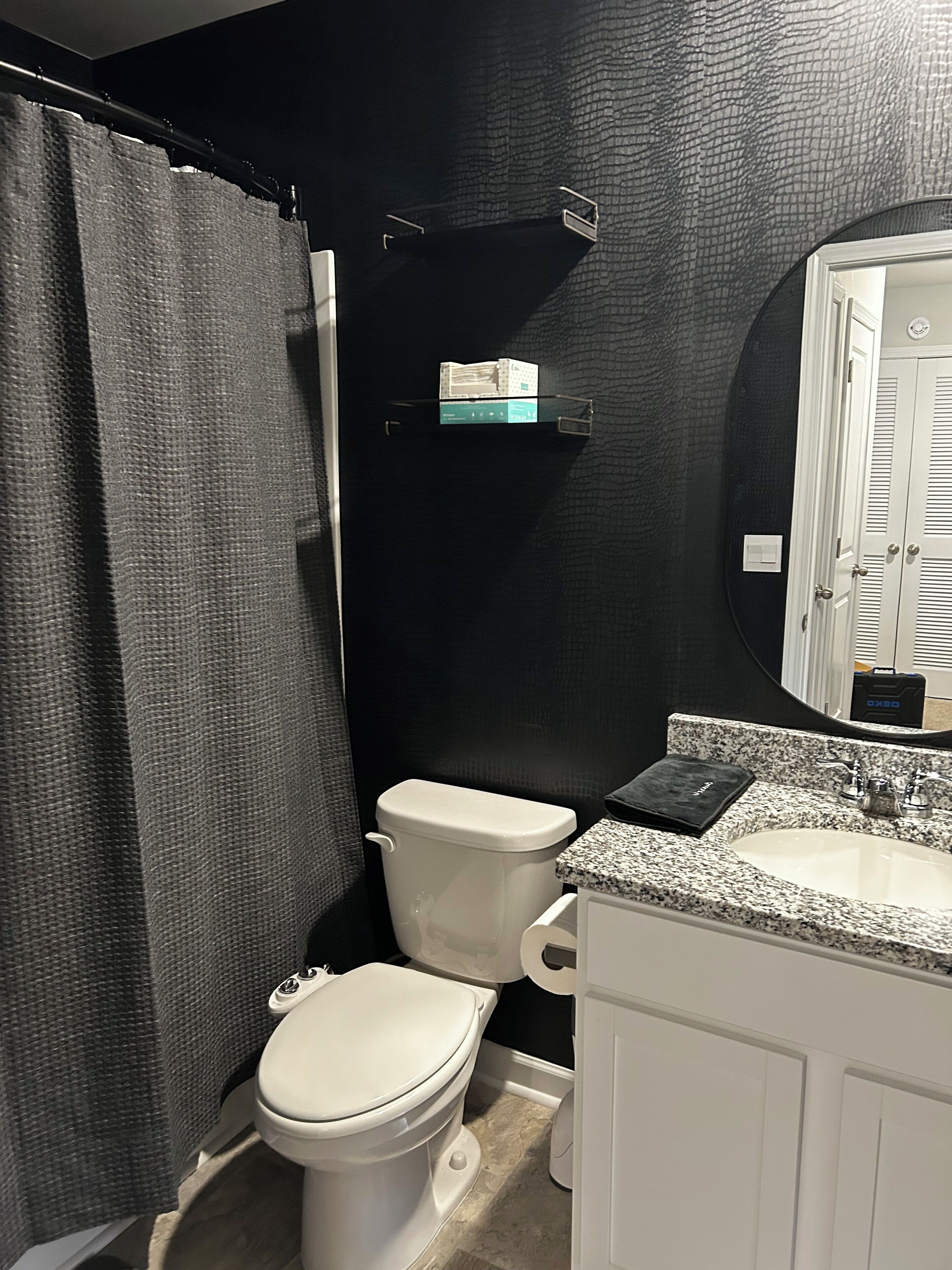 Shower, hair dryer, bidet, towels