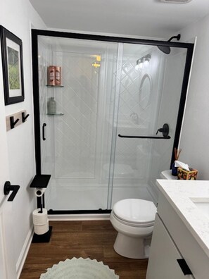 Hair dryer, towels, soap, toilet paper