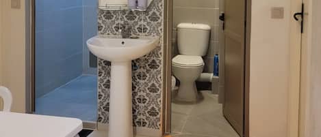 Shower, towels, soap, toilet paper