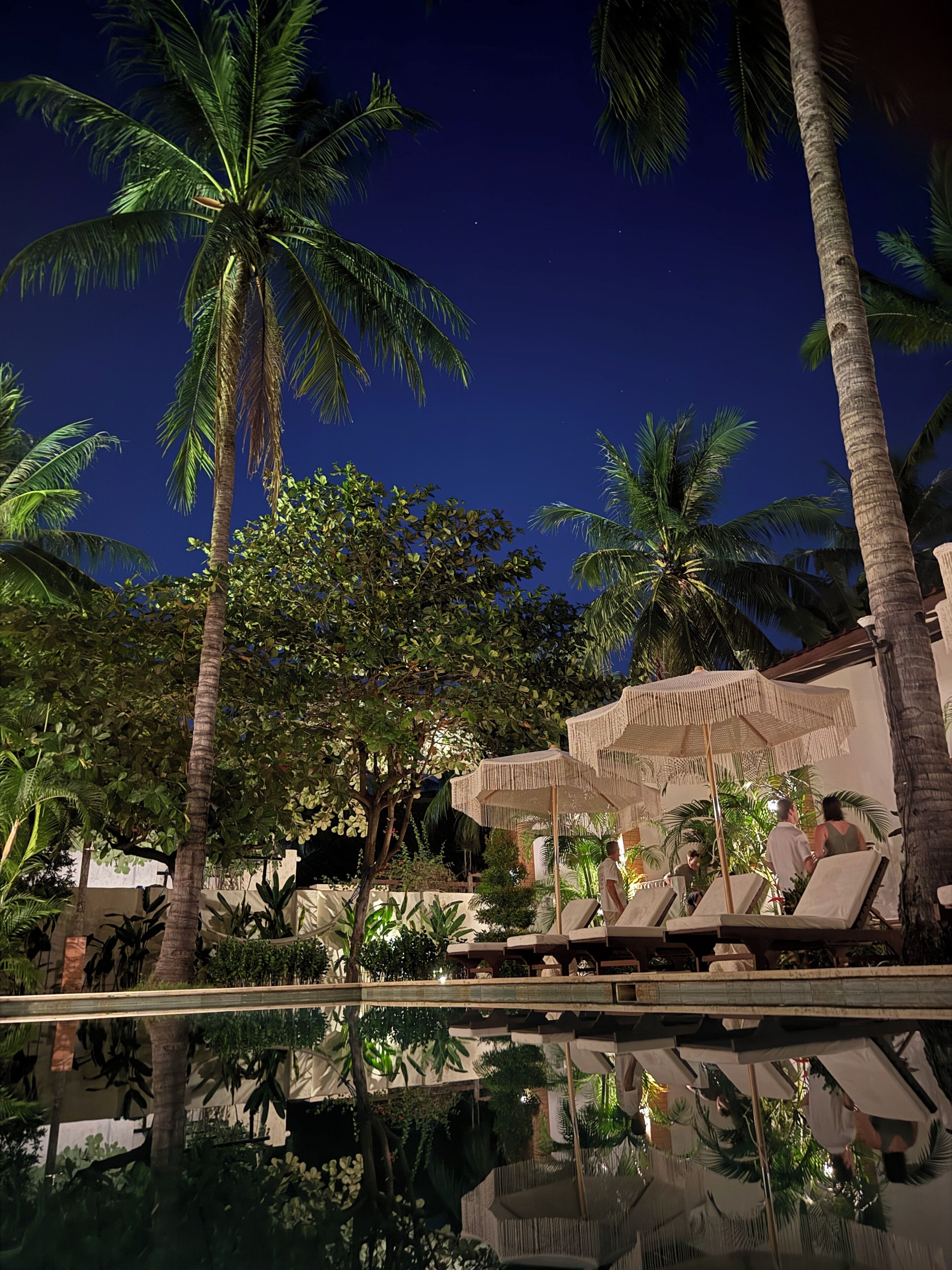 A poolside area with lounge chairs and umbrellas, surrounded by palm trees and a building with a textured facade.