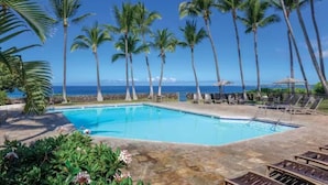 Ein Swimmingpool mit Palmen und Blick auf den Ozean.