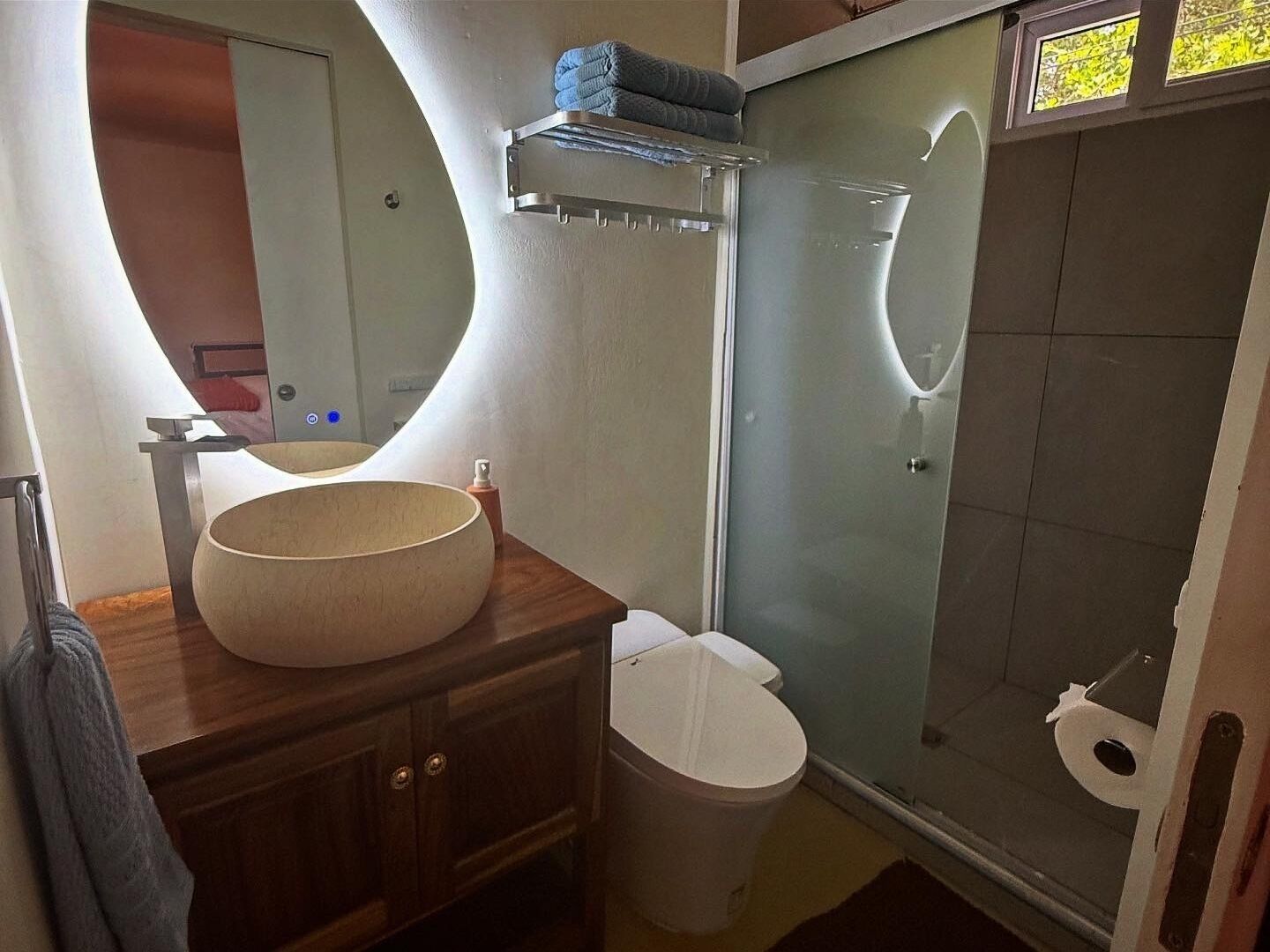 Un bagno con un lavandino tondo, uno specchio, un water e una cabina doccia in vetro.