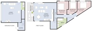 Ein Grundriss mit Wohnzimmer, Küche, zwei Schlafzimmern und einem Badezimmer.