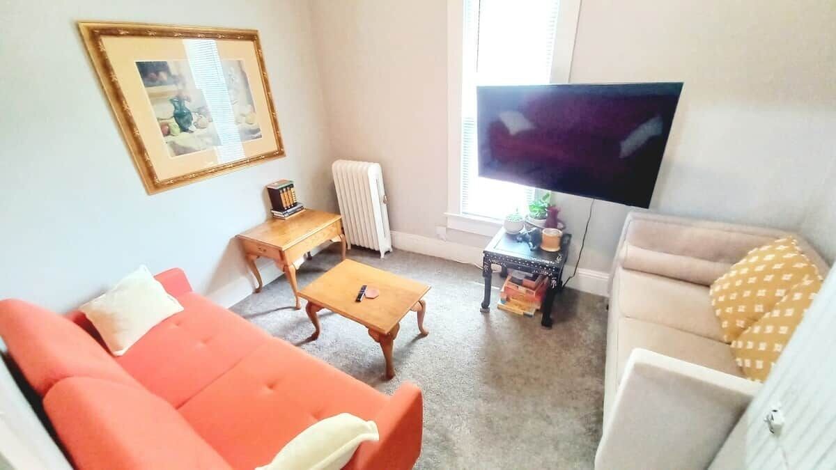 A living room with a sofa, a coffee table, a TV, a radiator, and a framed picture on the wall.