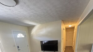 Een kamer met een flatscreen televisie op een witte standaard, een donkergrijze bank en een gang die naar een andere kamer leidt.