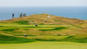Un campo de golf con vista al océano.