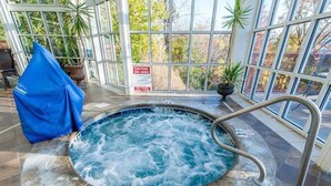Un bain à remous dont la profondeur maximale est indiquée (3 pieds), entouré de baies vitrées et agrémenté de plantes d’intérieur.