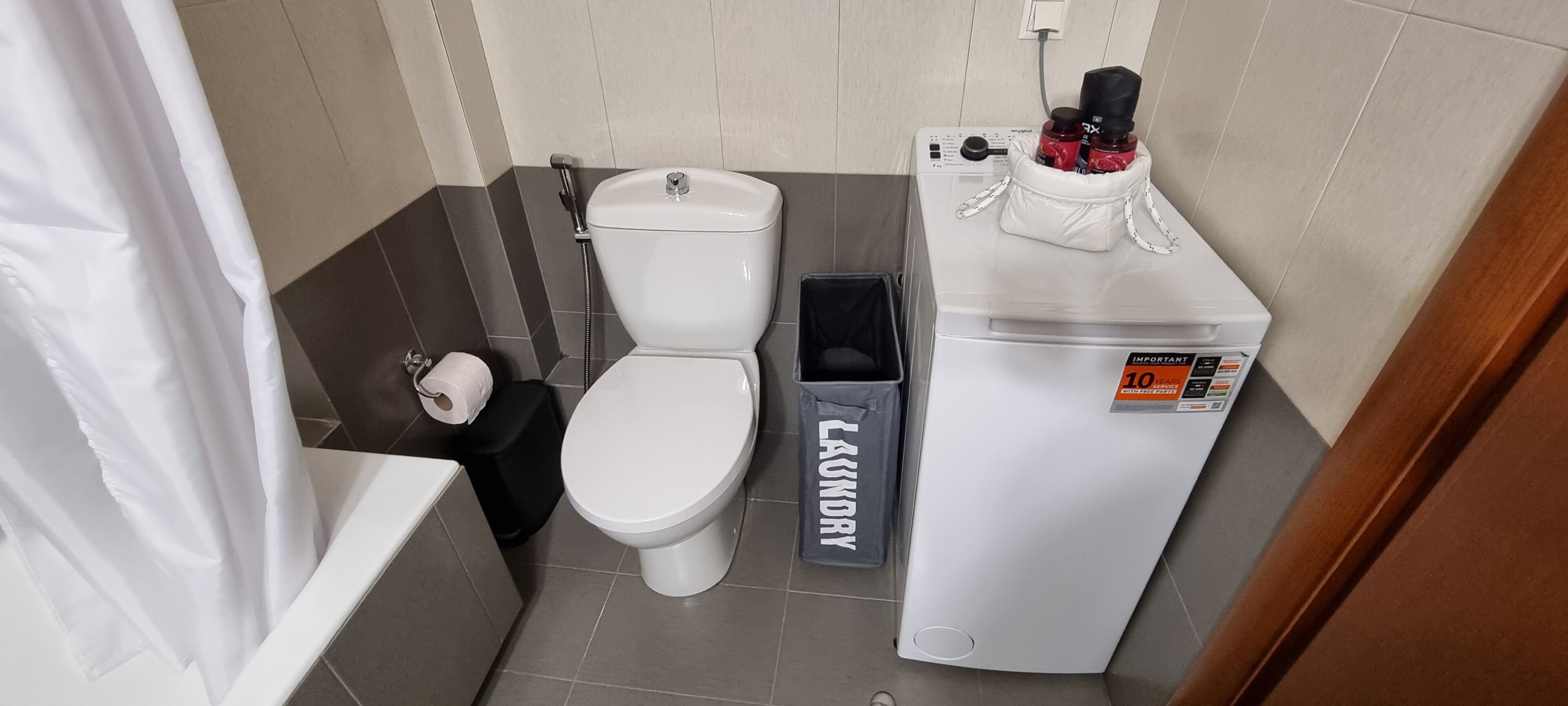 Hair dryer, towels, soap, toilet paper
