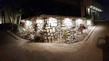 A stone wall with plants and a paved area.