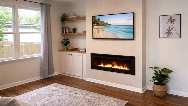A living room with a fireplace, a beach-themed painting, and a potted plant. - Cozy Home: Fire Pit+Pets: near Riverside+Downtown (Jacksonville)
