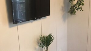 A room with a mounted flat-screen TV, a white console table with a plant, and a hanging plant. - Cozy Home: Fire Pit+Pets: near Riverside+Downtown (Jacksonville)