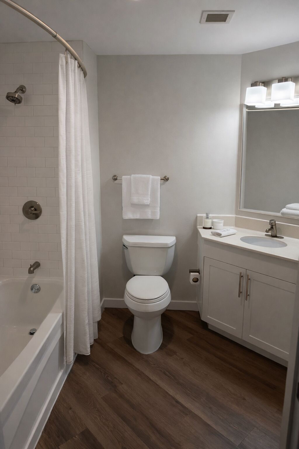 Hair dryer, towels, soap, shampoo