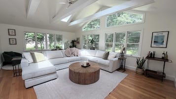 TV, fireplace, books, music library