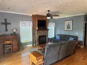 Smart TV, chimenea y libros 