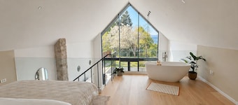 A-frame forest retreat with bathtub and nature view