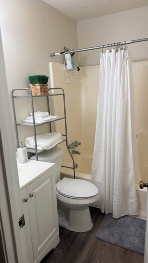 Séchoir à cheveux, serviettes fournies, savon, papier de toilette