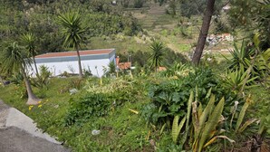 Un edificio con techo rojo, rodeado de abundante vegetación y un paisaje montañoso.