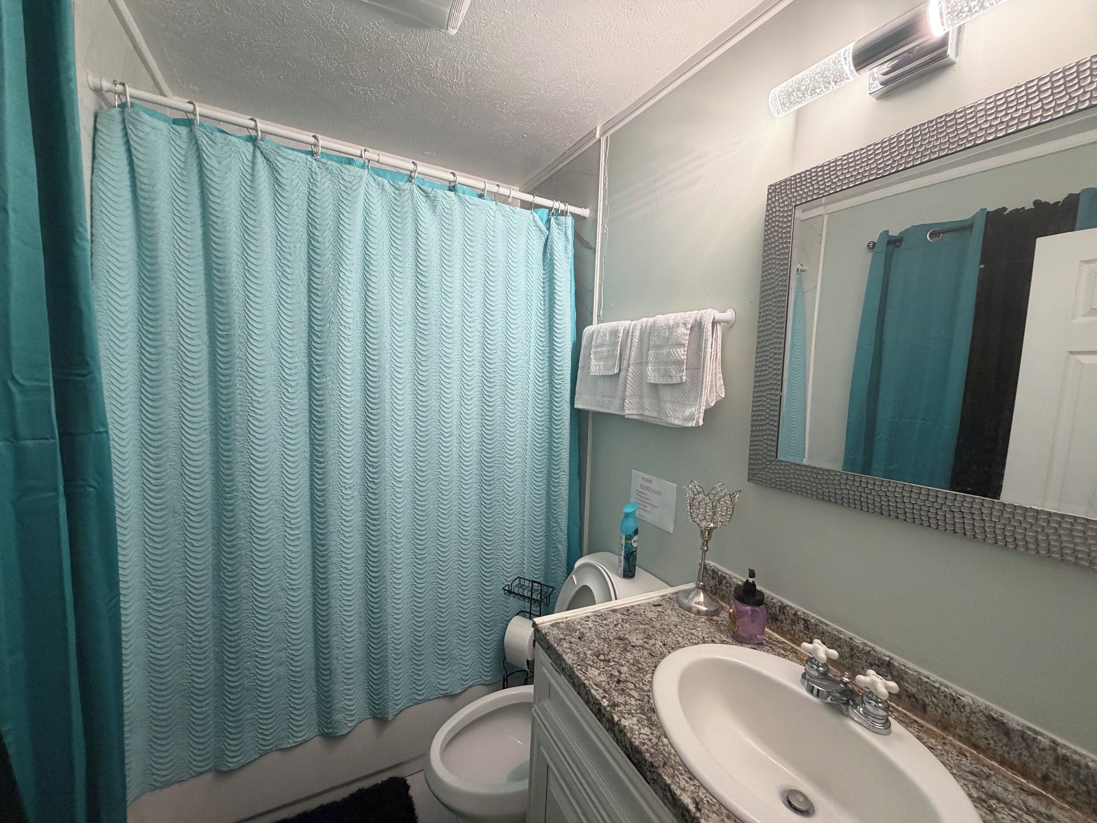 Hair dryer, towels, soap, toilet paper