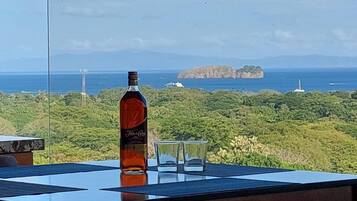 A bottle of liquor on a table with a clear glass, overlooking a coastal landscape with hills and the sea.