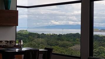 A room with a large window offering a view of a coastal landscape with mountains.