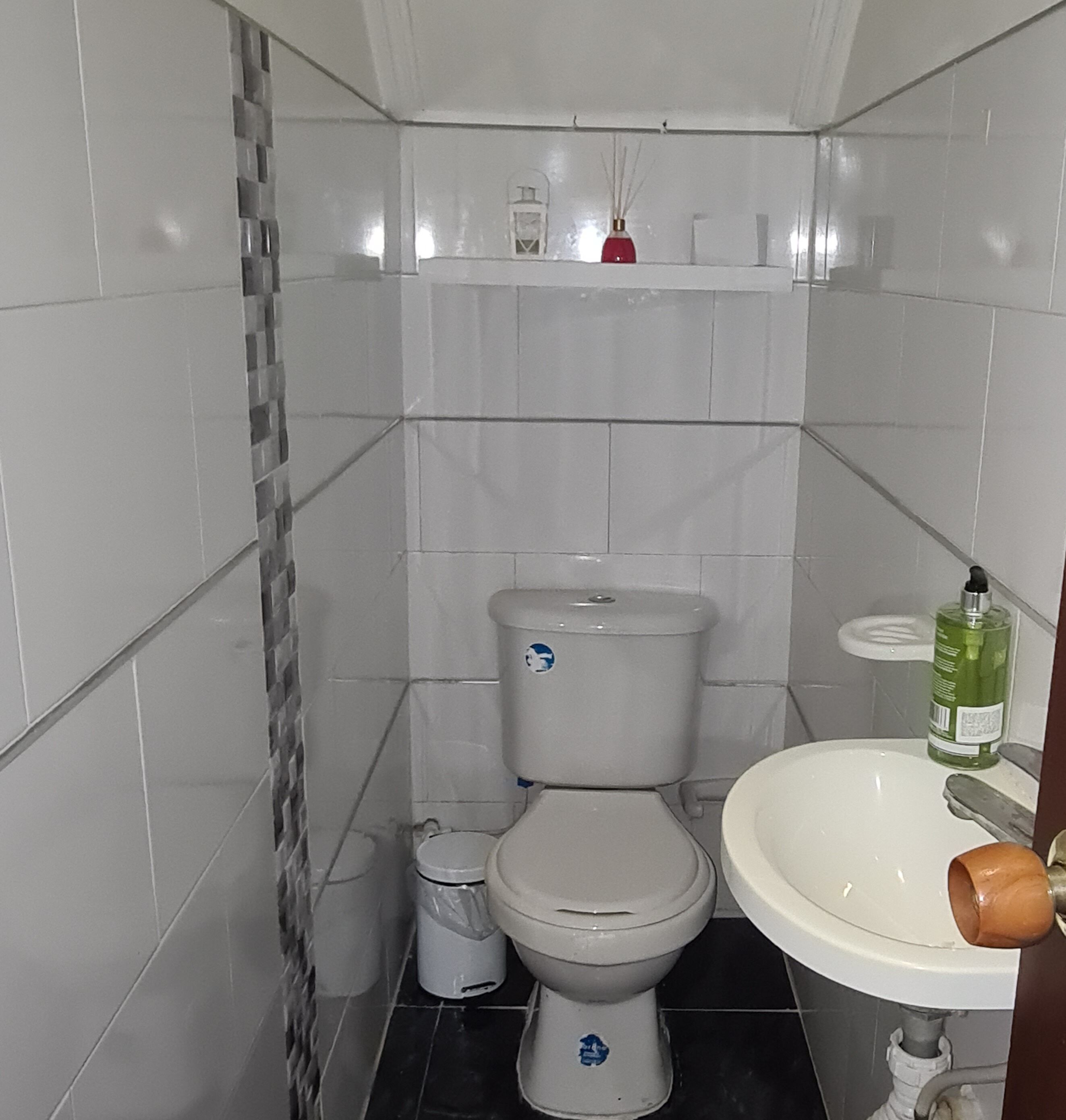 Een kleine badkamer met toilet, wastafel en prullenbak.