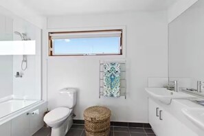 Hair dryer, towels, soap, shampoo