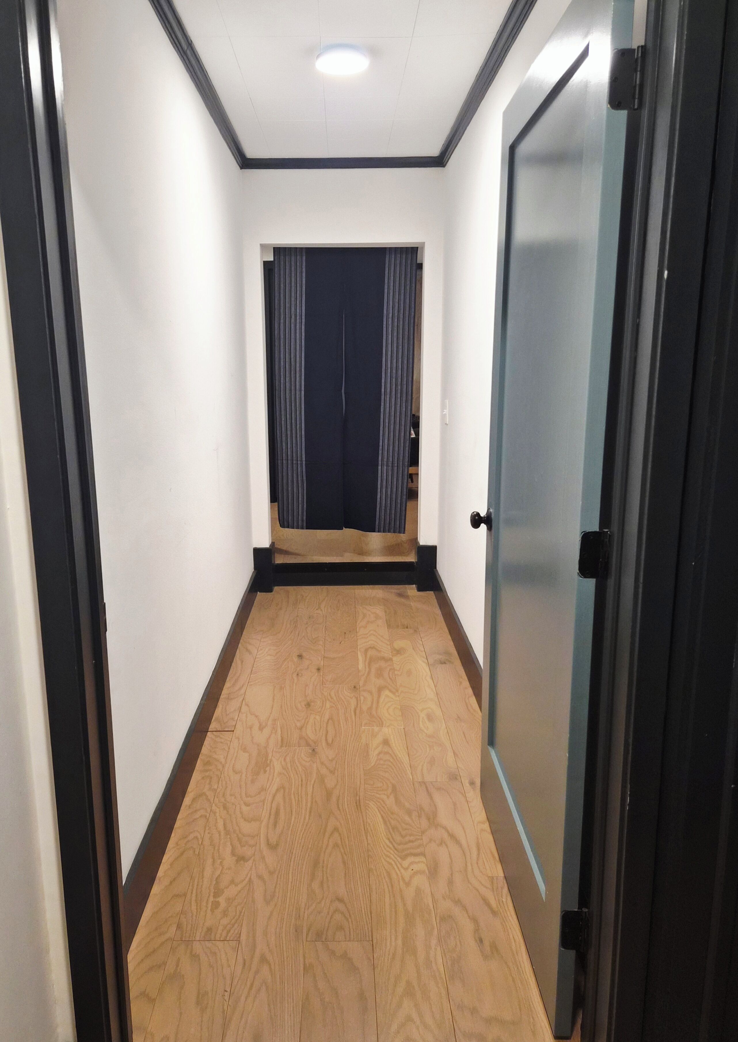 Un couloir au sol en bois, une porte sur la droite et un rideau au fond.