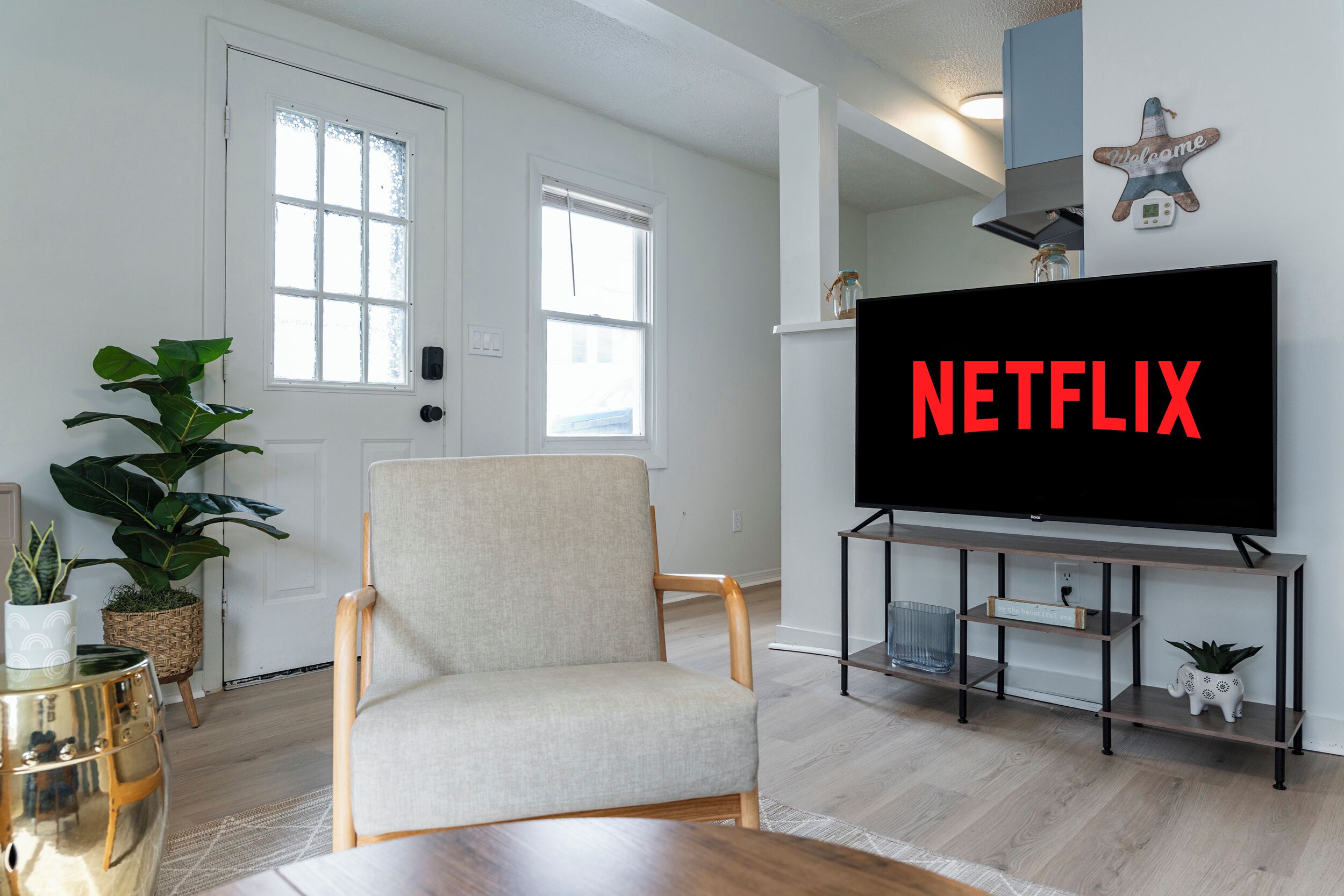 Una sala de estar con televisor, sofá y planta.