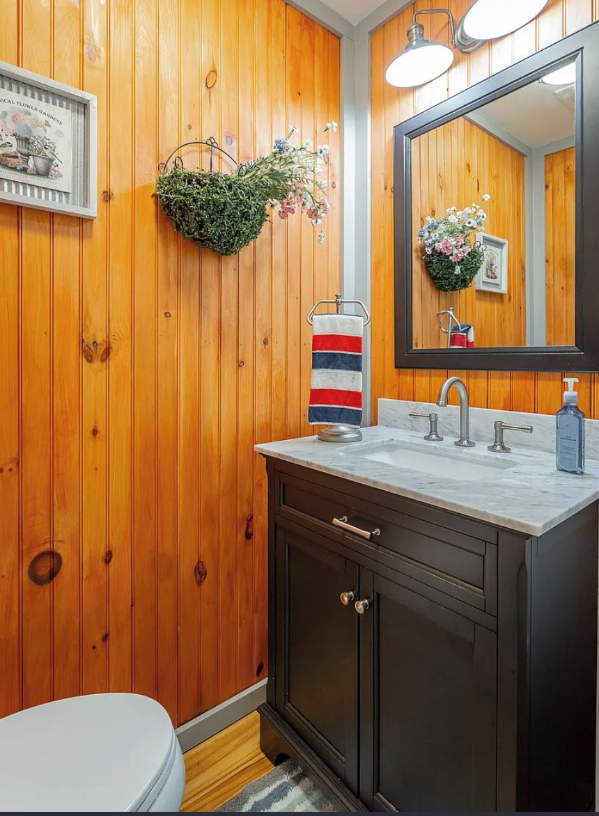 A bathroom with wooden paneling, a white toilet, a dark vanity with a mirror, and a hanging plant.