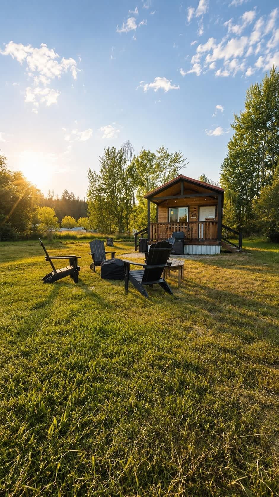 A wooden cabin with a porch, surrounded by a grassy field and trees.