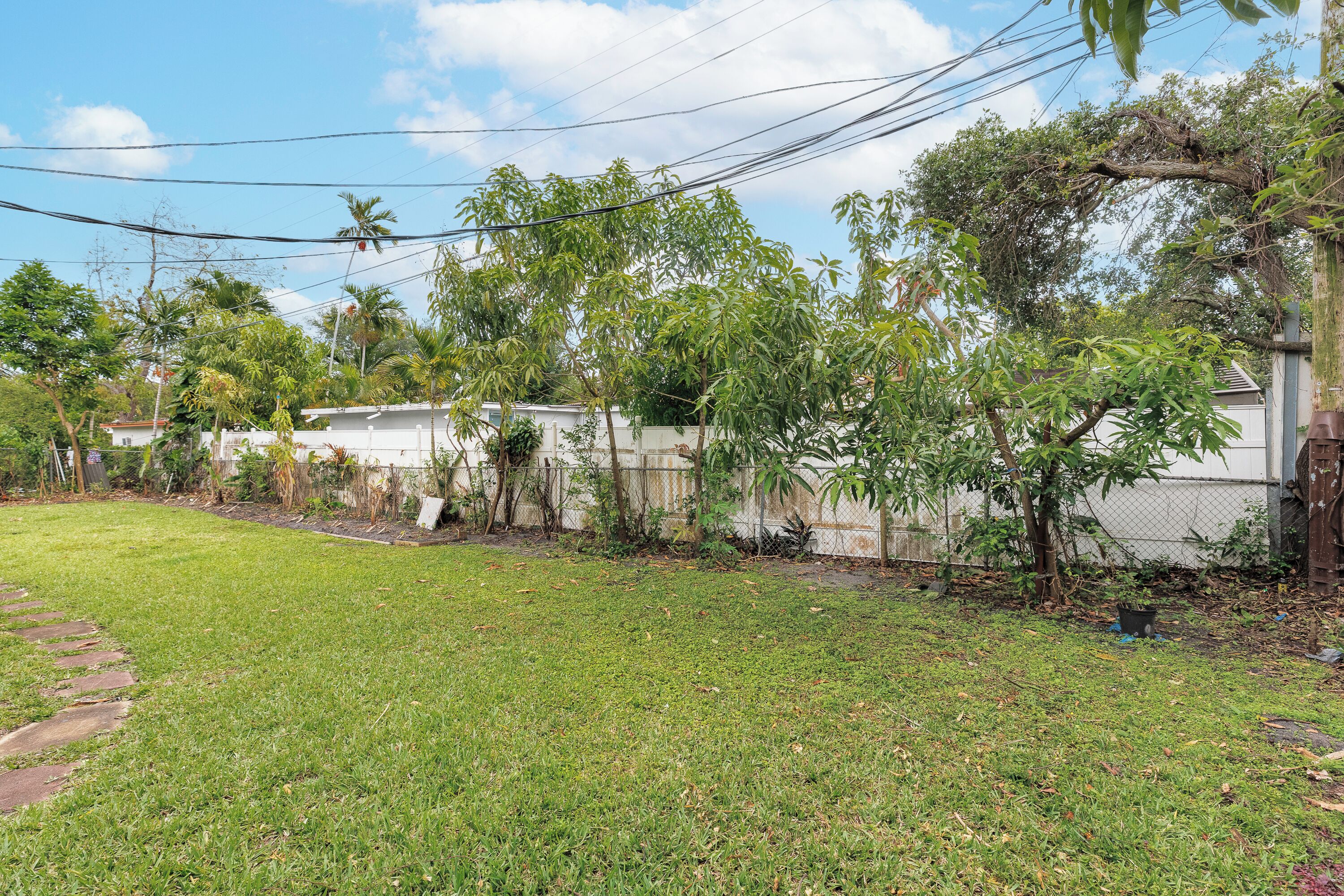 A grassy yard with trees and a fence.