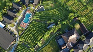An aerial view of a resort with terraced gardens, a swimming pool, and multiple bungalow-style accommodations. - Anandinii Resort Sidemen by AGATA (Sidemen)