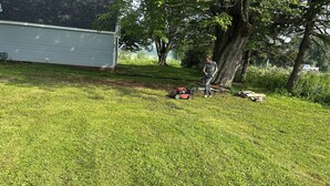 A residential lawn with a lawnmower and debris. - Cozy 3-bedroom house in delightful Superiorwith a Riverview (Superior)
