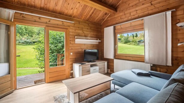 Interior de una cabaña de madera con sofá, televisor y puertas correderas de vidrio a un jardín.