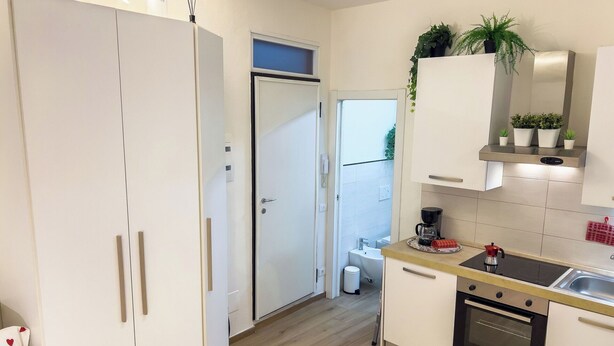 Een moderne keuken met een ingebouwde oven, een koffiezetapparaat en een spoelbak.