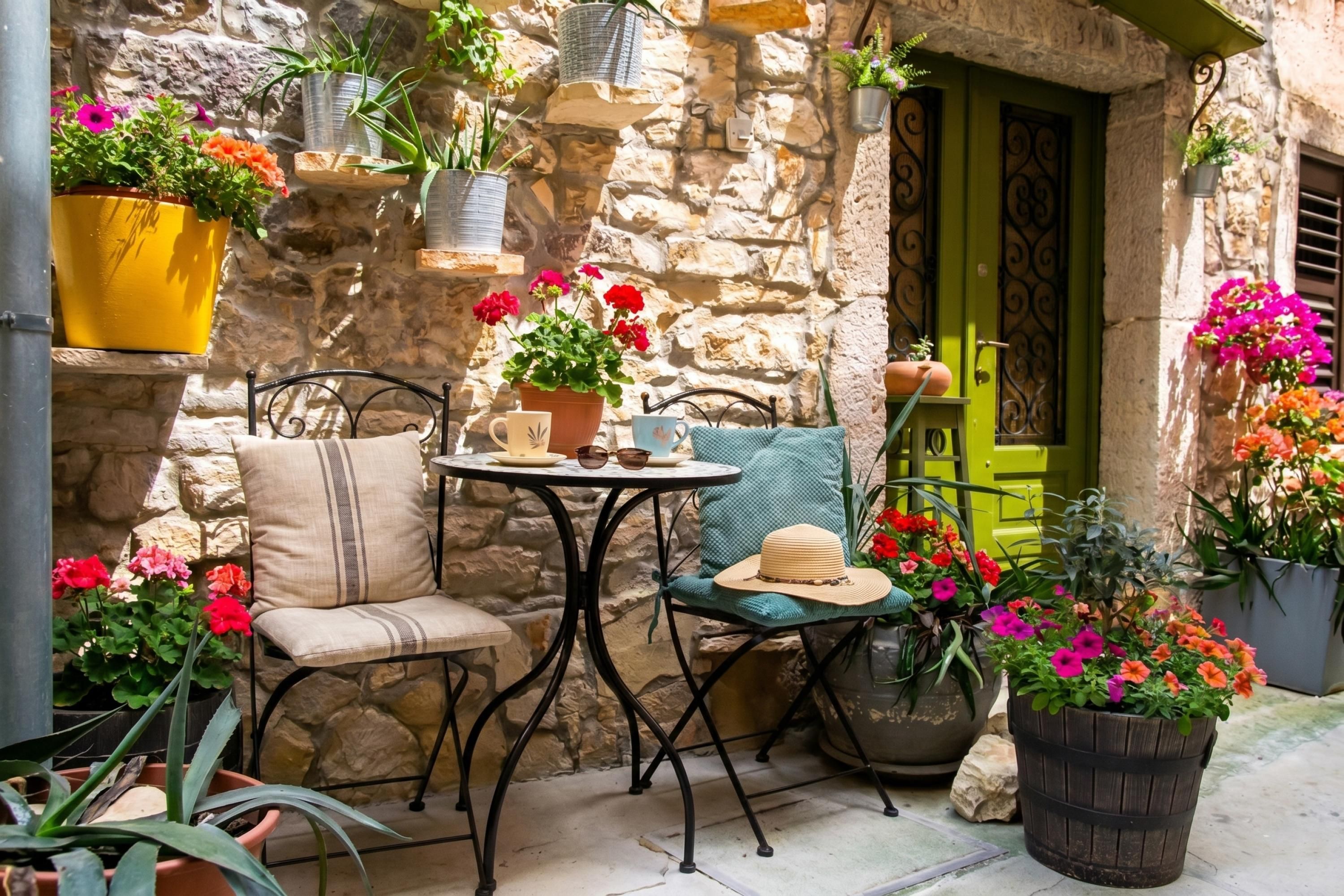 A stone wall with metal furniture, a green door, and potted plants.