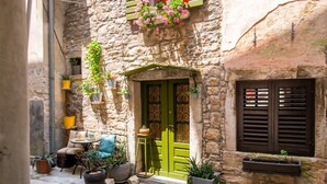 A stone building with a green door, potted plants, and a small table with chairs outside. - Casa Nora in Centre of Vodnjan (Vodnjan)
