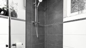 Douche, sèche-cheveux, serviettes fournies, papier toilette