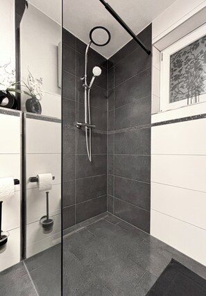 Douche, sèche-cheveux, serviettes fournies, papier toilette